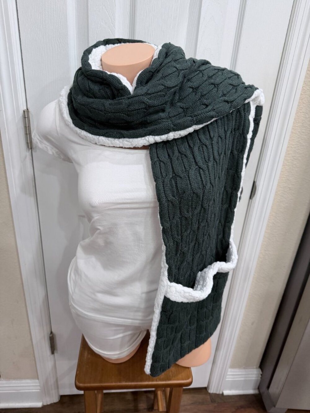 Dark Gray Cable Knit Sherpa Lined Pocket Scarf Oversized Wrap Cozy